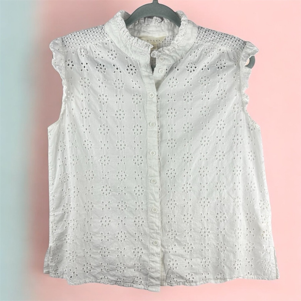 Anthropologie Adiva Eyelet Sleeveless Ruffle Button Up Sz L Cottagecore